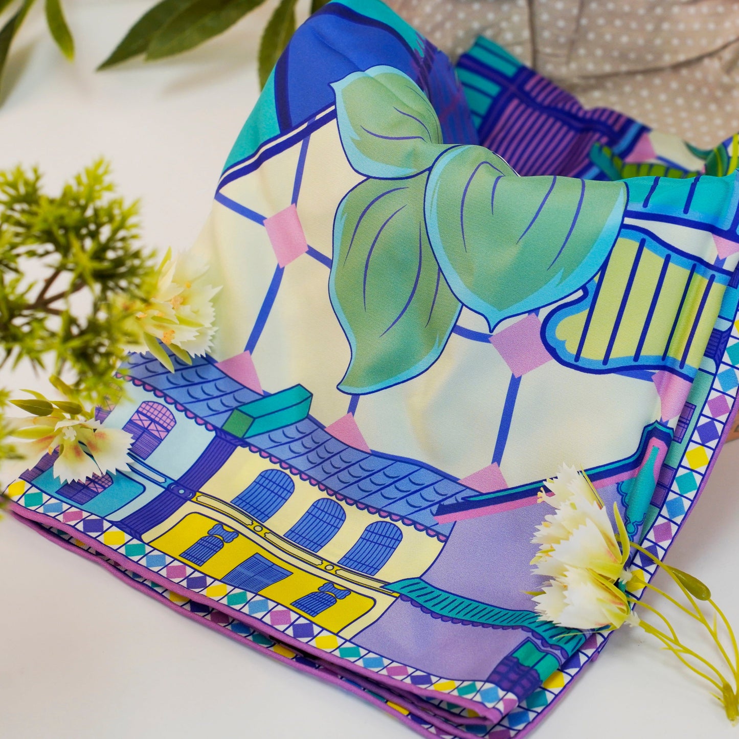 Nyonya Silk Scarf Tropical Architecture Elegance - Hainan Specialty