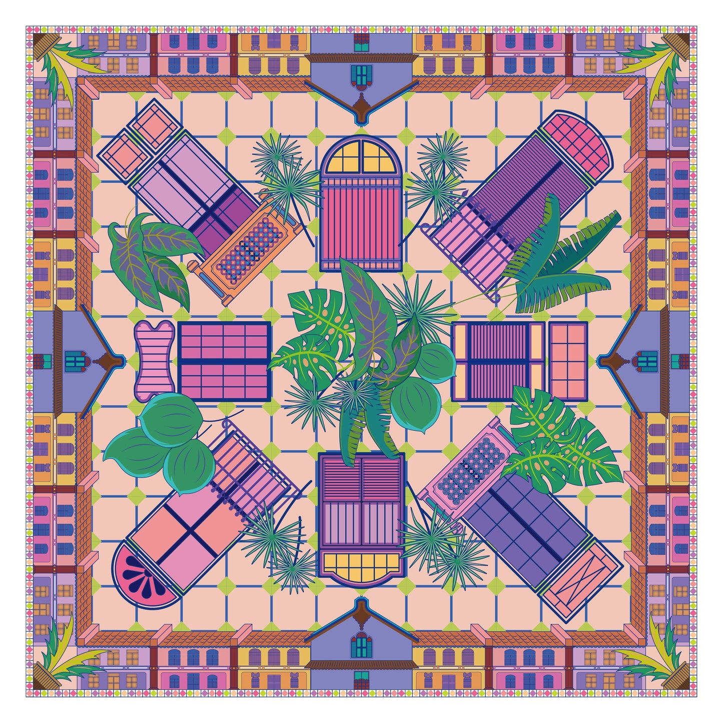 Nyonya Silk Scarf Tropical Architecture Elegance - Hainan Specialty