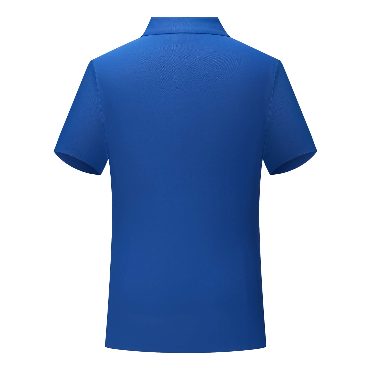 Customizable blue polo shirt back view with marked zone for team names or branding, ideal for uniforms