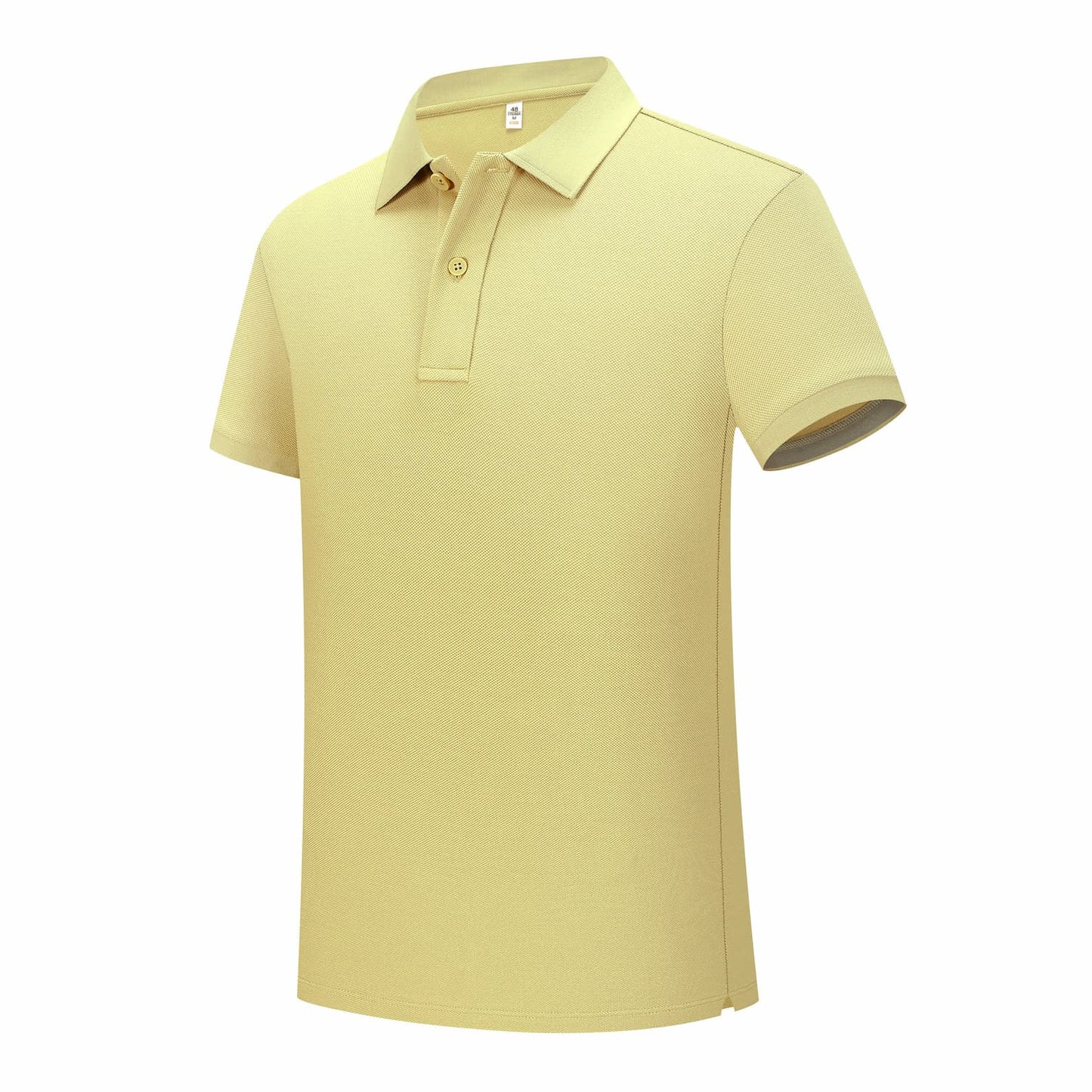 Profile angle of a premium yellow polo shirt, perfect for business casual or golf outfits