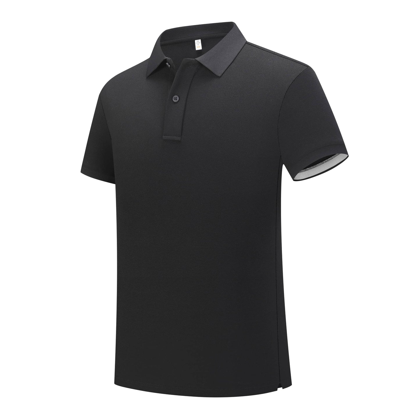 Side view of a classic black men's polo shirt showing the tailored fit and ribbed collar design