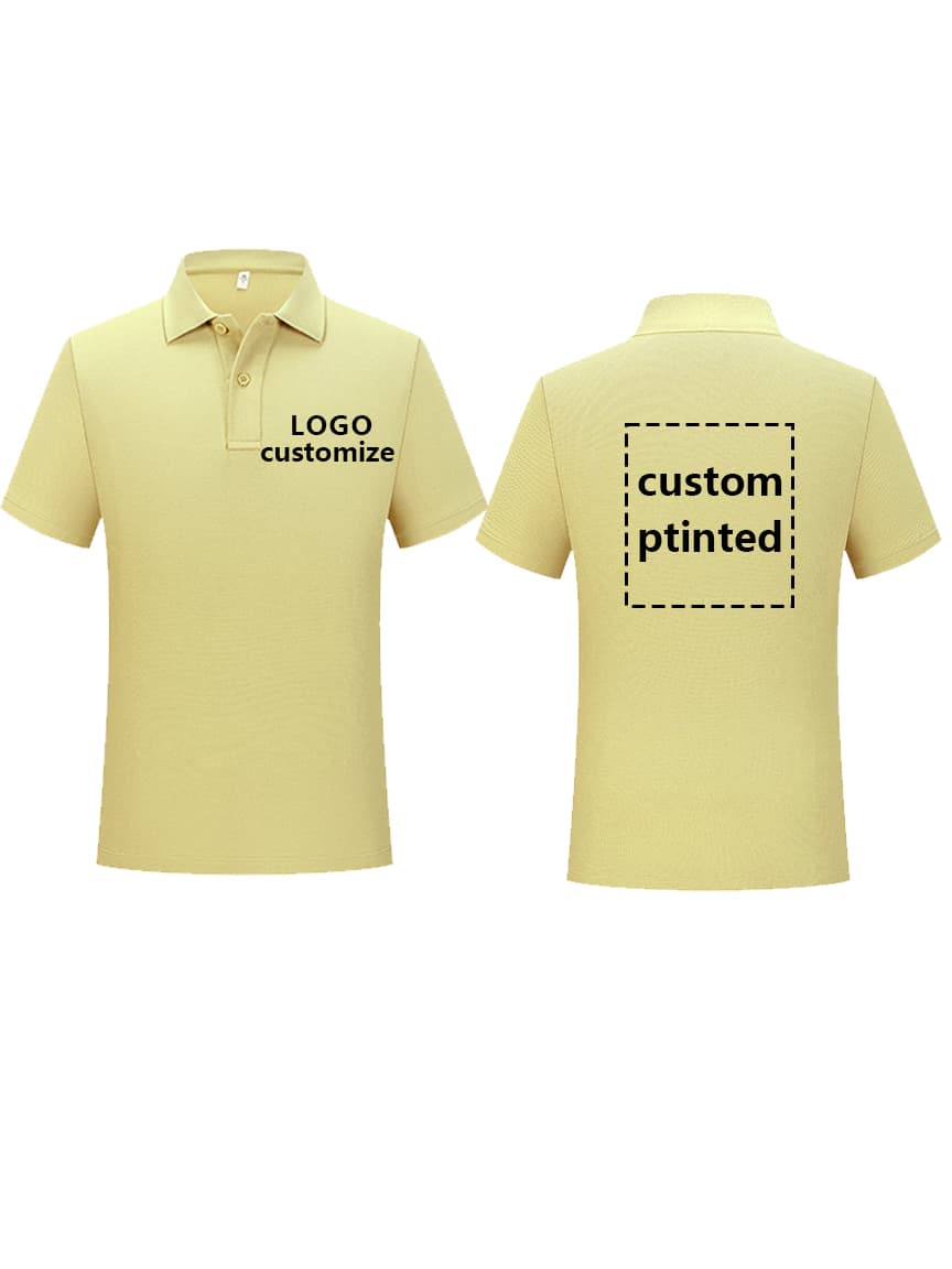 Premium yellow polo shirt designed for branding, with marked areas on both front and back for company/team logos