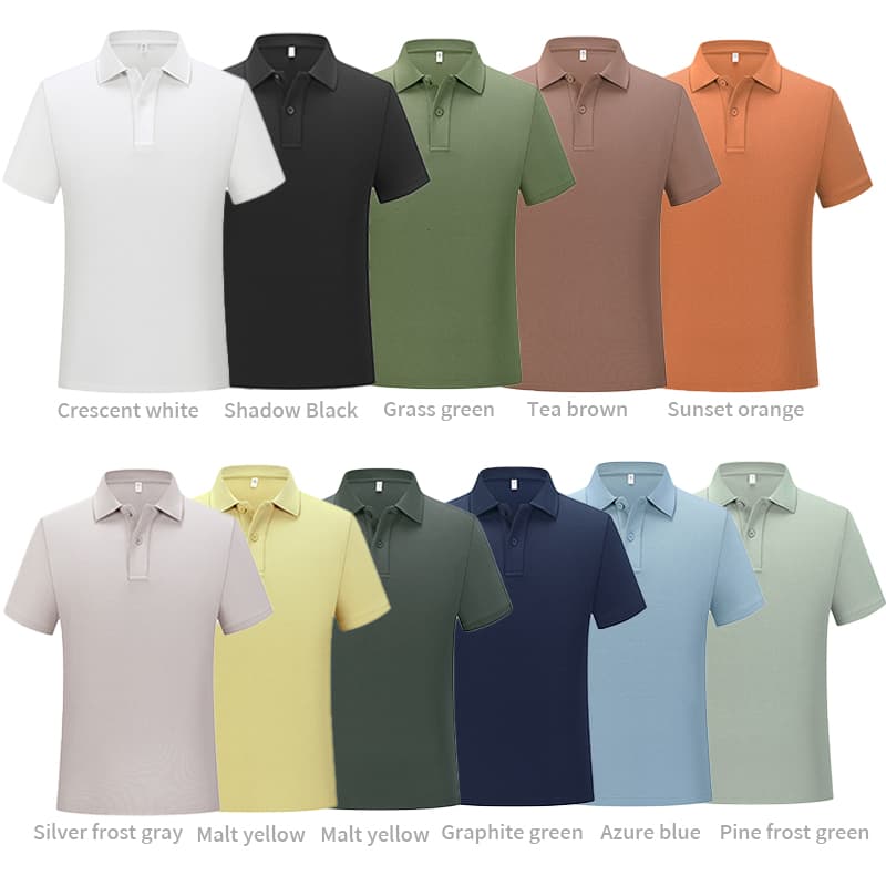 Eleven professional polo shirt color options shown side-by-side, perfect for team uniforms or corporate wardrobe