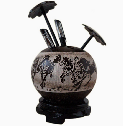 Hainan style coconut shell carved painting success pen holder