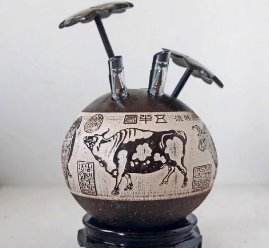 Hainan style coconut shell carved with five oxen pattern pen holder