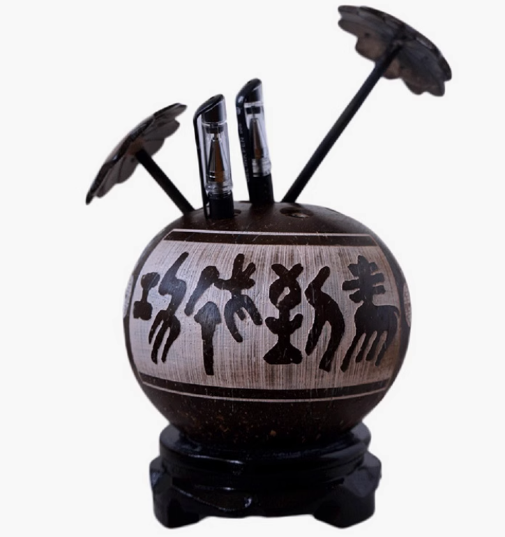 Hainan style coconut shell carved painting success pen holder