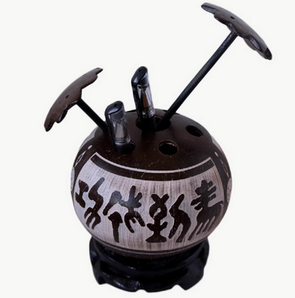 Hainan style coconut shell carved painting success pen holder