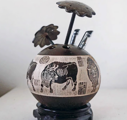 Hainan style coconut shell carved with five oxen pattern pen holder