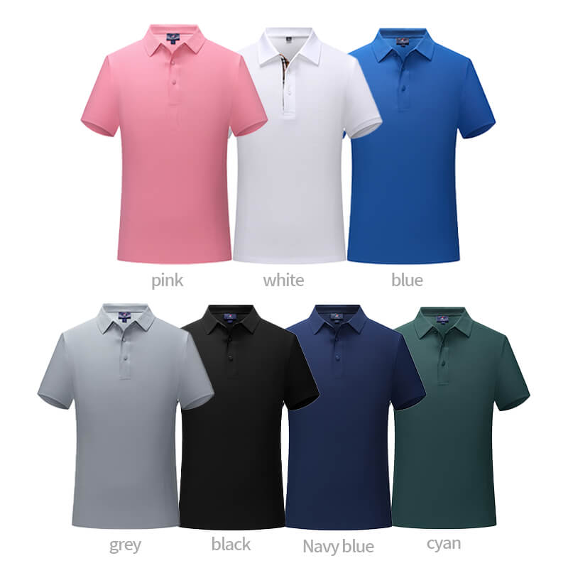 Color chart displaying seven polo shirt shades including white, navy, black, and vibrant options for custom branding
