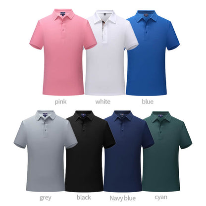 Color chart displaying seven polo shirt shades including white, navy, black, and vibrant options for custom branding