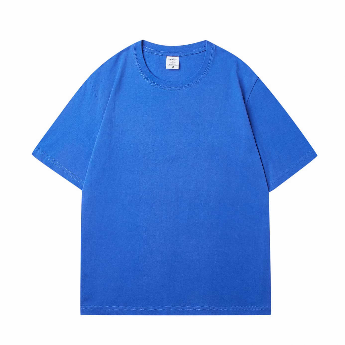 Front view of a blue unisex crew neck T-shirt, crafted from soft cotton material, featuring a minimalist design for a comfortable and casual look.