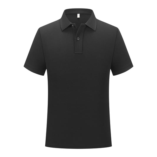 Front view of a premium black polo shirt showing the classic collar design and button placket, perfect for business casual wear