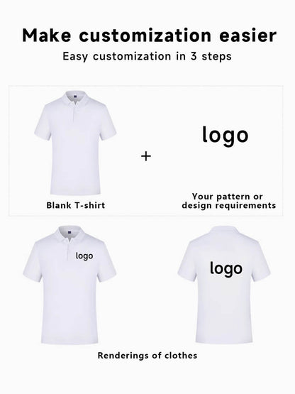 White polo shirt with overlay of customizable logo placement options, showing chest/back/sleeve branding positions