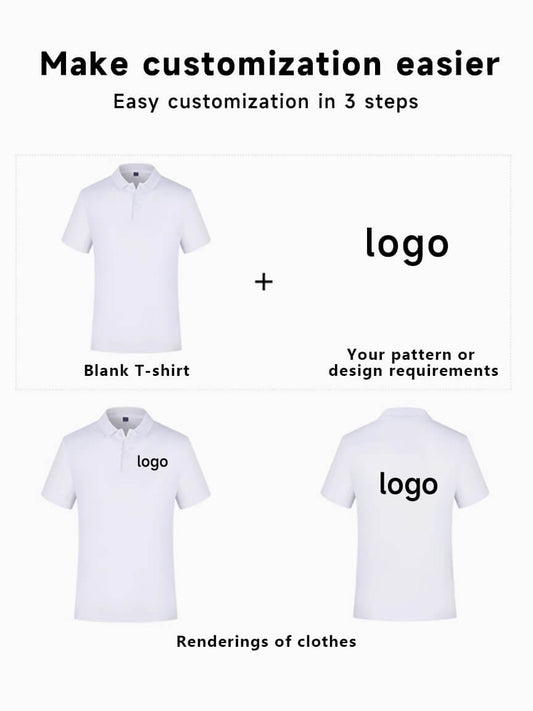 White polo shirt with overlay of customizable logo placement options, showing chest/back/sleeve branding positions