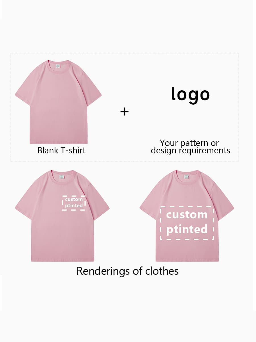 Solid color t-shirt with a '+' symbol indicating customizable areas for logos, prints, or embroidery