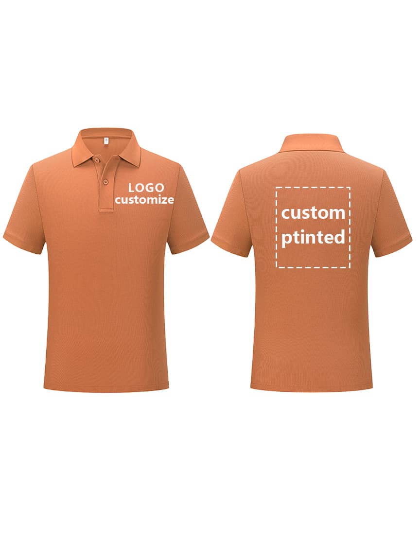 Customizable orange polo shirt with marked chest and back sections for custom logos, ideal for corporate uniforms