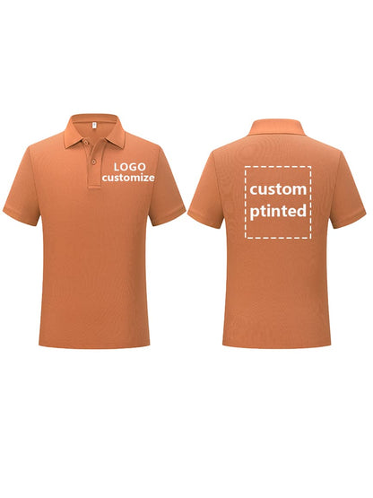 Customizable orange polo shirt with marked chest and back sections for custom logos, ideal for corporate uniforms