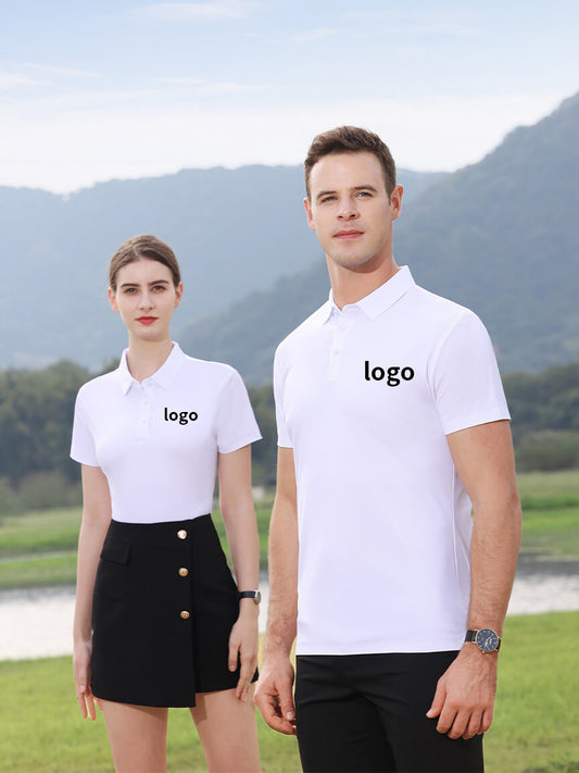 Male and female models wearing crisp white polo shirts, showcasing the versatile fit for both genders