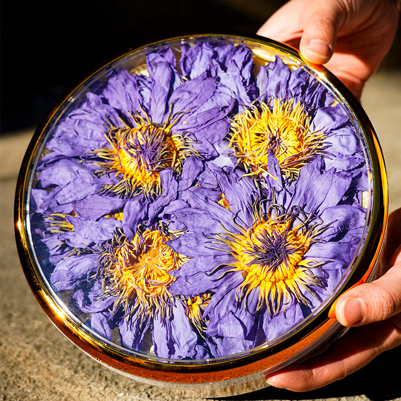 "Gan Jiu Pin Lotus Flower Tea, Fragrant Dried Lotus Flowers in Golden, Purple, and Blue Varieties"