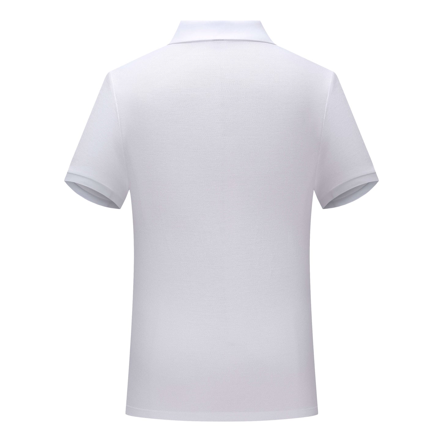 Back view of a premium white polo shirt showcasing seamless construction with no visible stitching for ultimate comfort