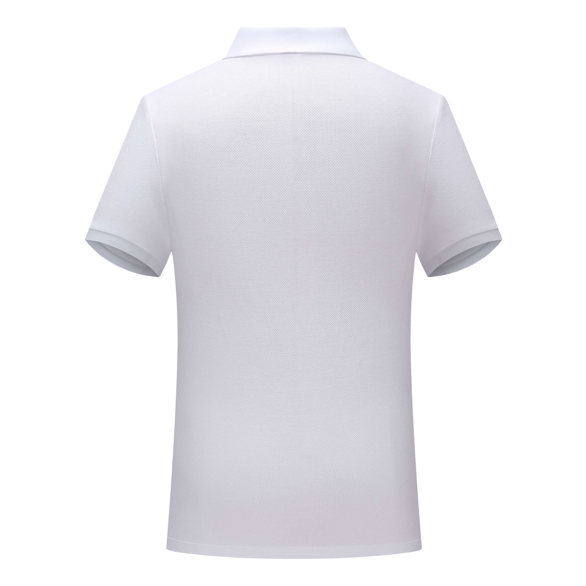 Back view of a premium white polo shirt showcasing seamless construction with no visible stitching for ultimate comfort