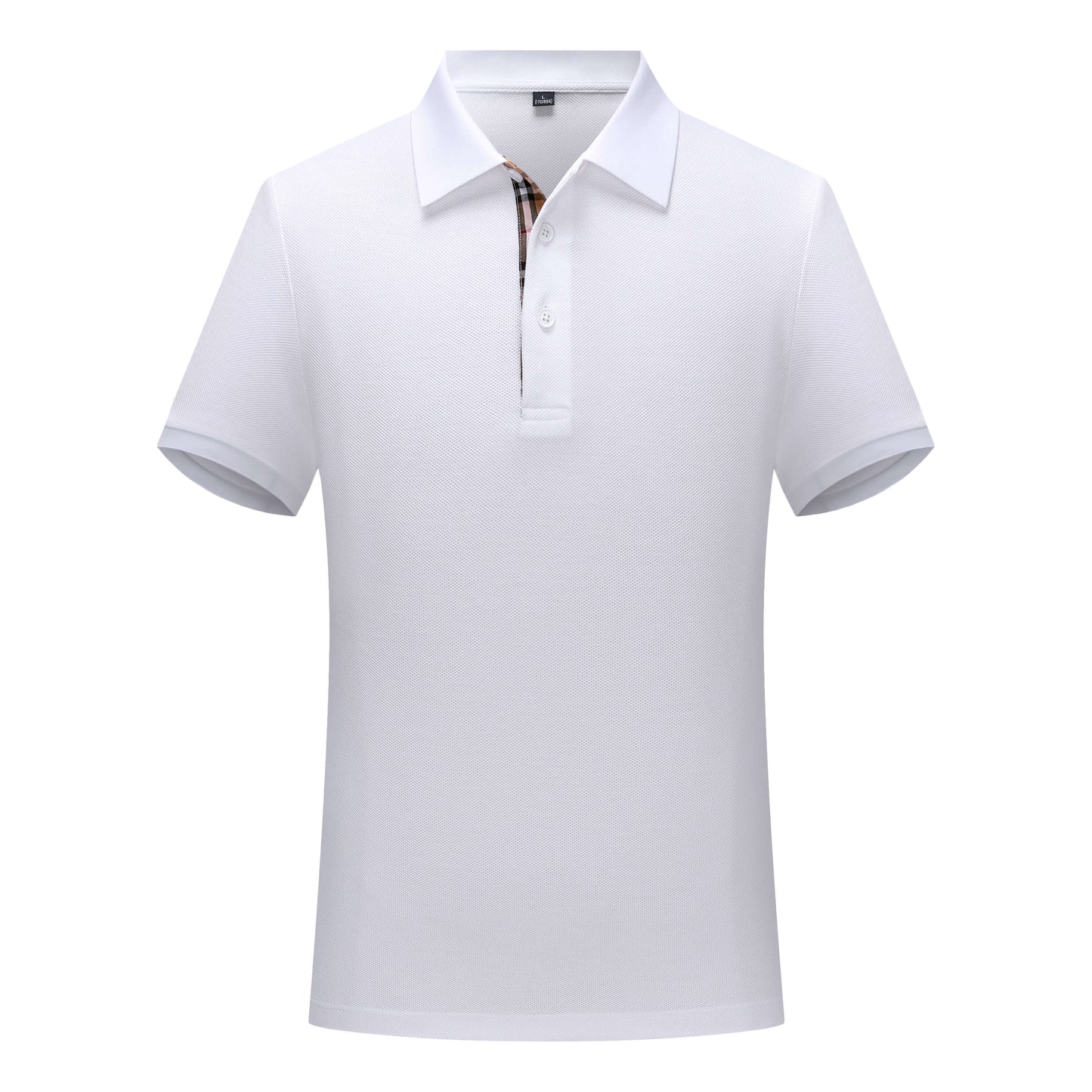 Front view of a crisp white polo shirt with three-button placket and seamless side panels for a sleek finish