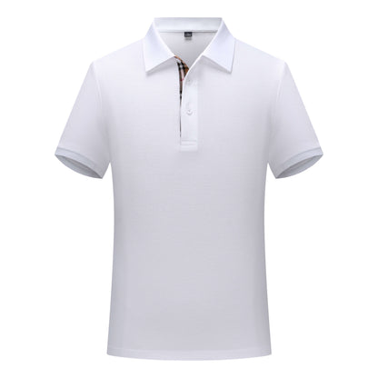 Front view of a crisp white polo shirt with three-button placket and seamless side panels for a sleek finish
