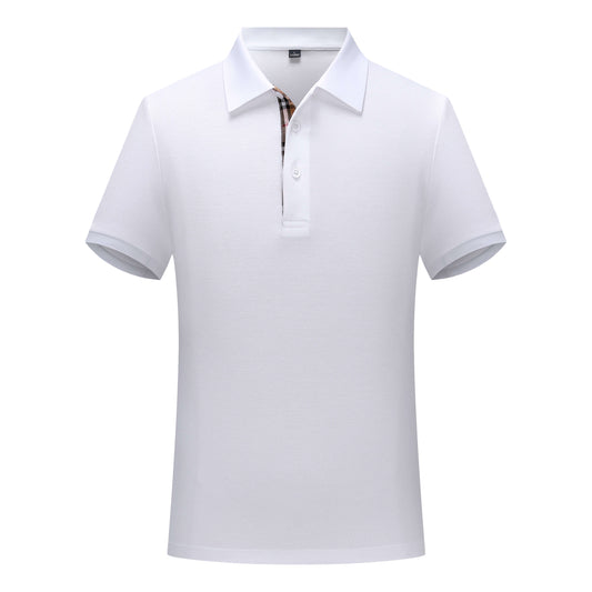 Front view of a crisp white polo shirt with three-button placket and seamless side panels for a sleek finish
