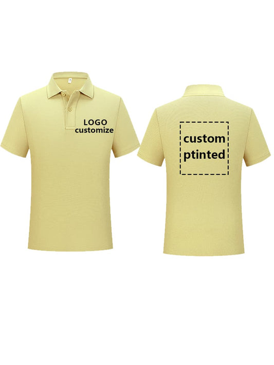 Premium yellow polo shirt designed for branding, with marked areas on both front and back for company/team logos