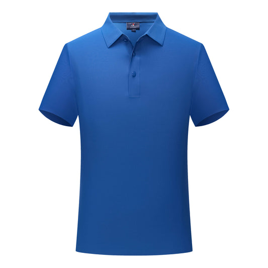 High-end blue polo with seamless side panels and reinforced three-button closure, ideal for corporate branding
